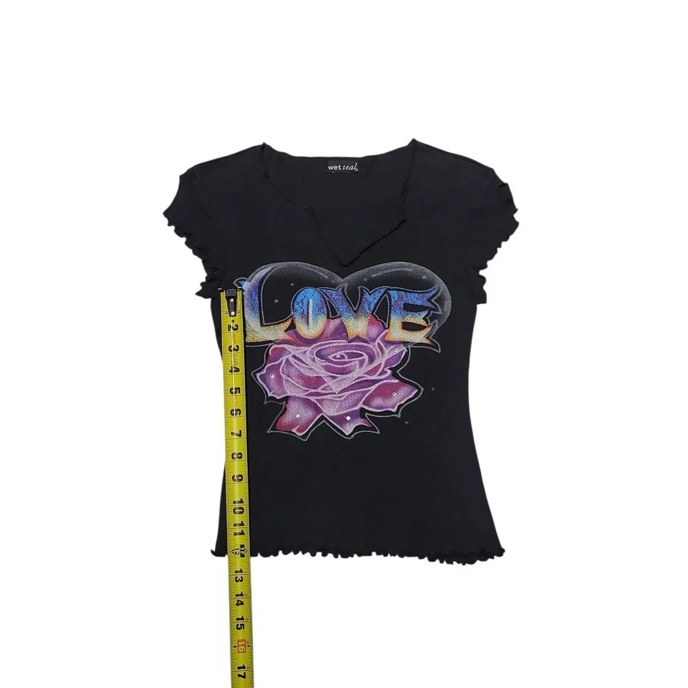 Vintage Y2K Black Multi Color Love Top  100%‎ Cotton Women's Size Small